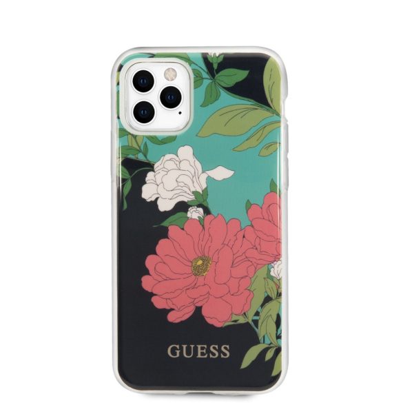 Guess iPhone 11 Pro Flower Shiny N.1 (GUHCN58IMLFL01) hátlap, tok, mintás, fekete