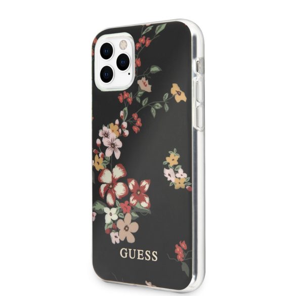 Guess iPhone 11 Pro Flower Shiny N.4 (GUHCN58IMLFL04) hátlap, tok, mintás, fekete