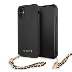 Guess iPhone 11 Saffiano Gold Chain hátlap, tok, fekete