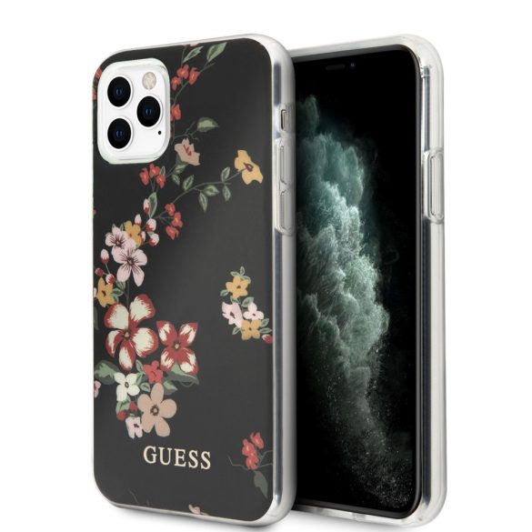 Guess iPhone 11 Pro Max Flower Shiny N.4 (GUHCN65IMLFL04) hátlap, tok, mintás, fekete