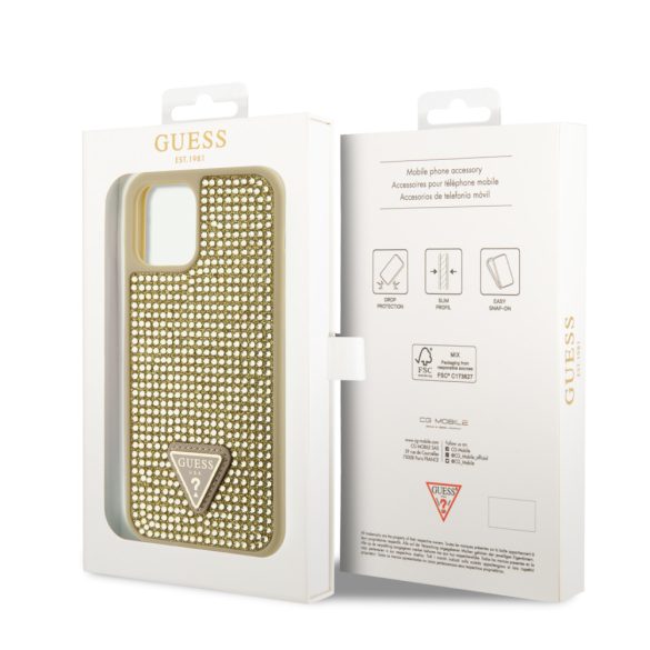 Guess iPhone 12/12 Pro Rhinestones Triangle Metal Logo (GUHCP12MHDGTPD) hátlap, tok, arany