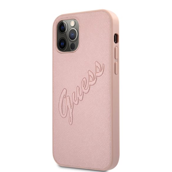 Guess iPhone 12/12 Pro Saffiano Vintage Script (GUHCP12MRSAVSRG) hátlap, tok, rozé arany