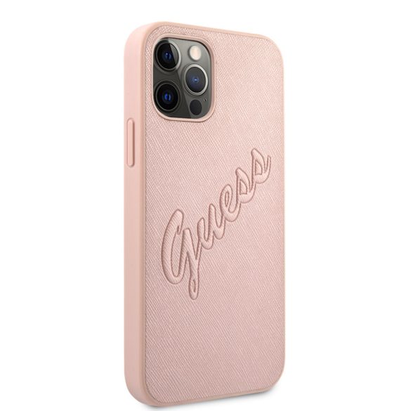 Guess iPhone 12/12 Pro Saffiano Vintage Script (GUHCP12MRSAVSRG) hátlap, tok, rozé arany