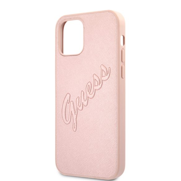 Guess iPhone 12/12 Pro Saffiano Vintage Script (GUHCP12MRSAVSRG) hátlap, tok, rozé arany