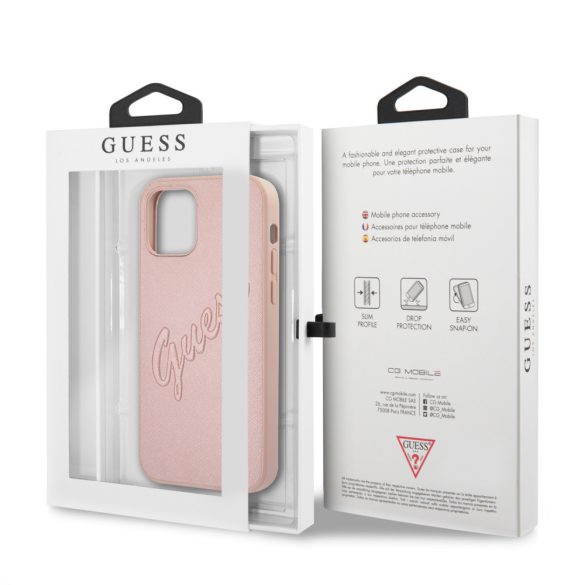 Guess iPhone 12/12 Pro Saffiano Vintage Script (GUHCP12MRSAVSRG) hátlap, tok, rozé arany