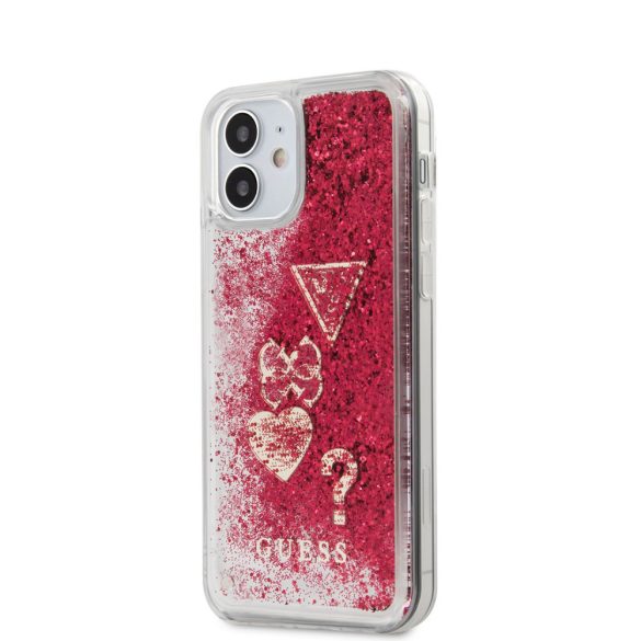Guess iPhone 12 Mini Liquid Glitter Hearts (GUHCP12SGLHFLRA) hátlap, tok, piros
