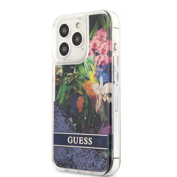 Guess iPhone 13 Pro Liquid Glitter Flower (GUHCP13LLFLSB) hátlap, tok, kék