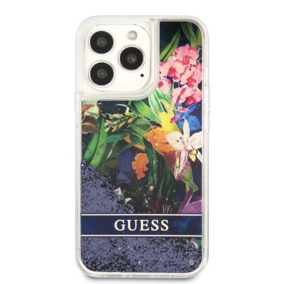 Guess iPhone 13 Pro Liquid Glitter Flower (GUHCP13LLFLSB) hátlap, tok, kék