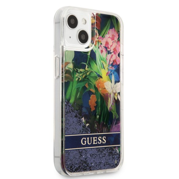 Guess iPhone 13 Mini Liquid Glitter Flower (GUHCP13SLFLSB) hátlap, tok, kék