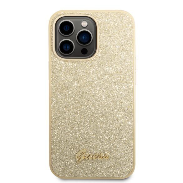 Guess iPhone 14 Pro Glitter Flakes Metal Logo (GUHCP14LHGGSHD) hátlap, tok, arany