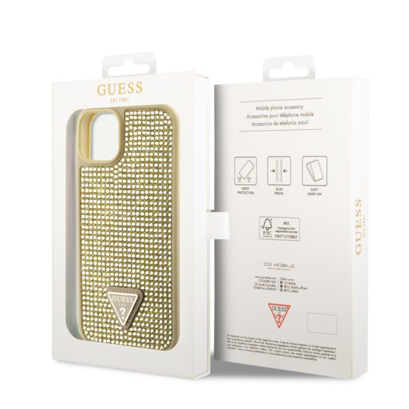 Guess iPhone 14 Rhinestones Triangle Metal Logo (GUHCP14SHDGTPD) hátlap, tok, arany