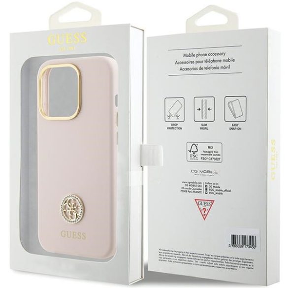 Guess iPhone 15 Pro Silicone Logo Strass 4G (GUHCP15LM4DGPP) hátlap, tok, rózsaszín