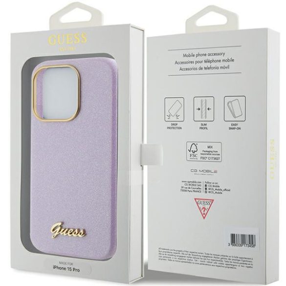 Guess iPhone 15 Pro Glitter Glossy Script (GUHCP15LPGMCSD) hátlap, tok, lila