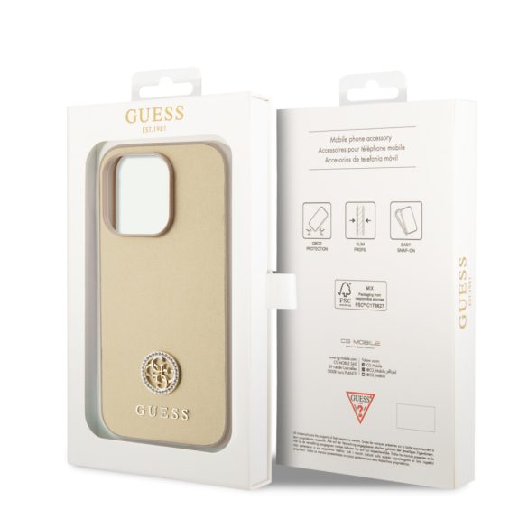 Guess iPhone 15 Pro PU 4G Strass Metal Logo (GUHCP15LPS4DGPD) hátlap, tok, arany