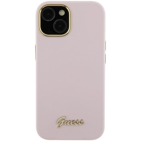 Guess iPhone 15 Silicone Script Metal Logo & Frame (GUHCP15SSMBSLP) hátlap, tok, rózsaszín