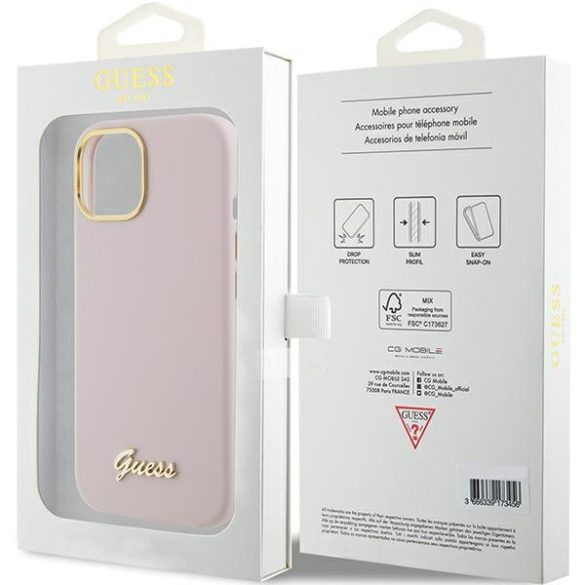 Guess iPhone 15 Silicone Script Metal Logo & Frame (GUHCP15SSMBSLP) hátlap, tok, rózsaszín