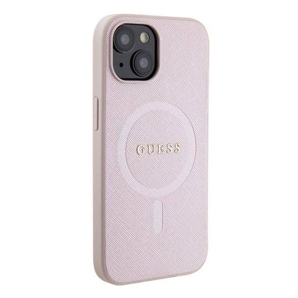 Guess iPhone 15 Saffiano MagSafe (GUHMP15SPSAHMCP) magsafe kompatibilis hátlap, tok, rózsaszín