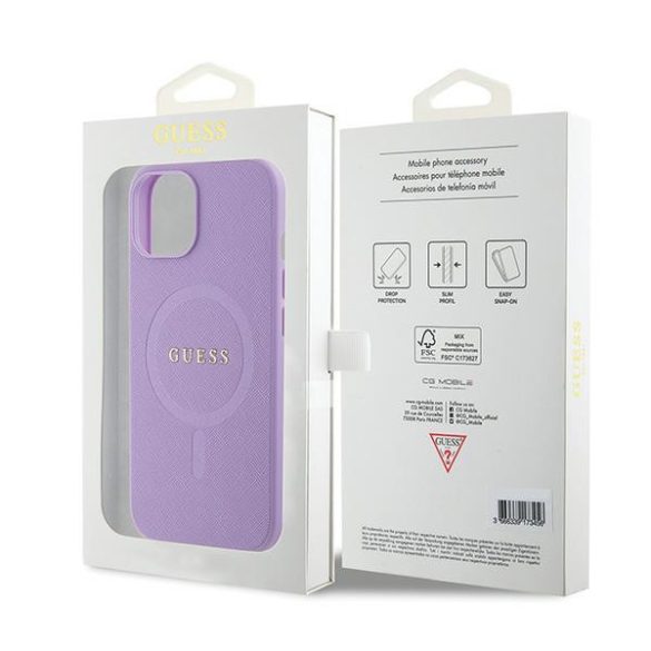 Guess iPhone 15 Saffiano MagSafe (GUHMP15SPSAHMCU) magsafe kompatibilis hátlap, tok, lila