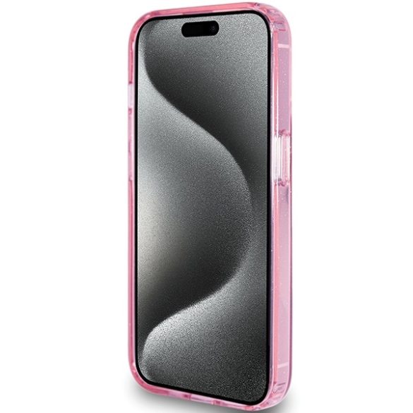 Guess iPhone 15 Pro Max Ring Stand Script Glitter MagSafe (GUHMP15XHRSGSP) magsafe kompatibilis hátlap, tok, kitámasztóval, rózsaszín