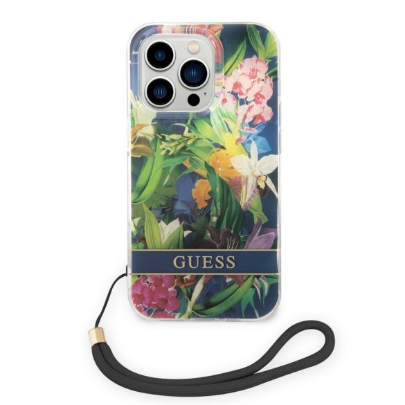 Guess iPhone 14 Pro Max Flower Strap (GUOHCP14XHFLSB) hátlap, tok, sötétkék