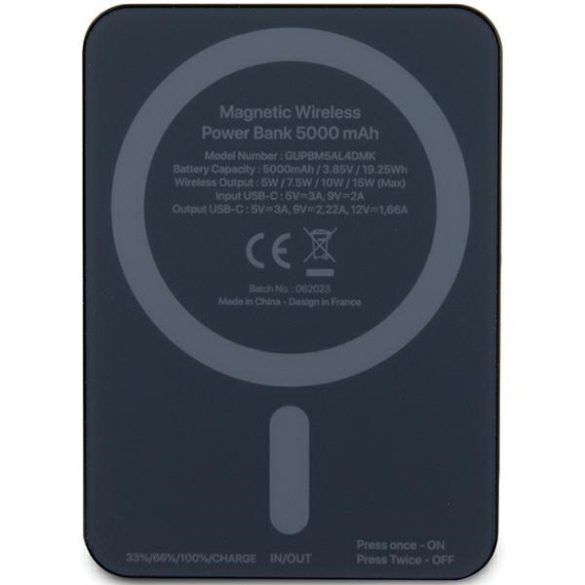 Guess 4G Strassed Metal Logo MagSafe Powerbank (GUPBM5AL4DMK) MagSafe kompatibilis hordozható külső akkumulátor és vezeték nélküli töltő, 5000 mAh, 15W, fekete