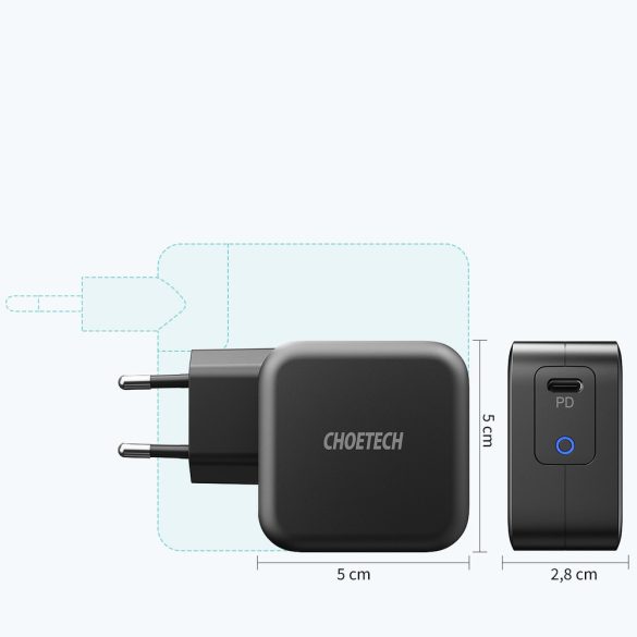 Choetech GaN USB-C hálózati töltő adapter, és USB-C/USB-C kábel, gyorstöltő, 60W 1.8m, fekete