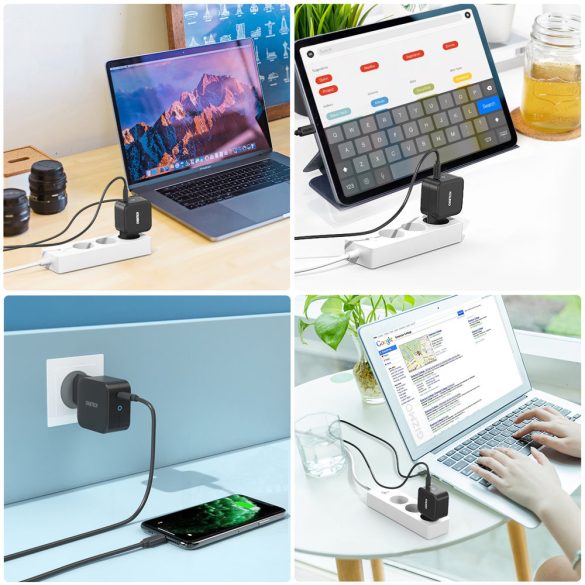 Choetech GaN USB-C hálózati töltő adapter, és USB-C/USB-C kábel, gyorstöltő, 60W 1.8m, fekete