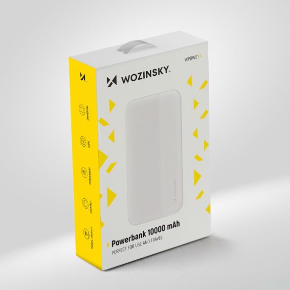Wozinsky Li-Po WPBWE1 Powerbank, hordozható külső akkumulátor 2xUSB-A/USB-C/Micro-USB, 10000 mAh, fehér