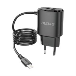   Dudao A2ProL Charger hálózati 2XUSB-A 12W, töltő adapter integrált Lightning kábellel, fekete