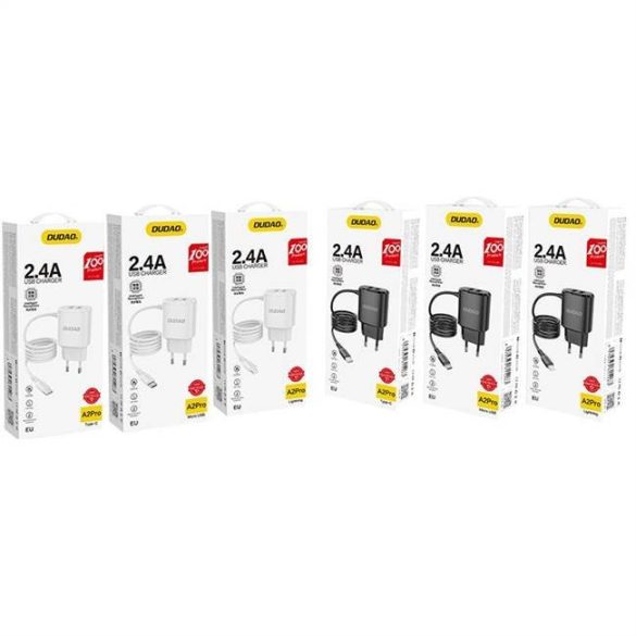 Dudao A2ProL Charger hálózati 2XUSB-A 12W, töltő adapter integrált Lightning kábellel, fekete