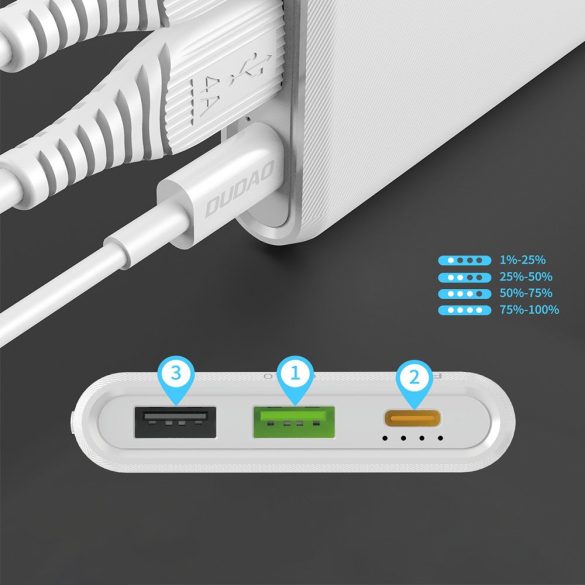 Dudao K12PQB Power Bank hordozható külső akkumulátor 2xUSB/USB-C/micro USB, 10000 mAh, 2A, fekete