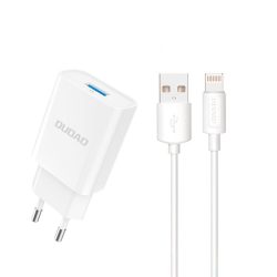   Dudao USB Wall Charger USB-A hálózati töltő adapter, QC3.0 5V/2.4A, gyorstöltő, USB-A/Lightning kábellel, 12W, fehér
