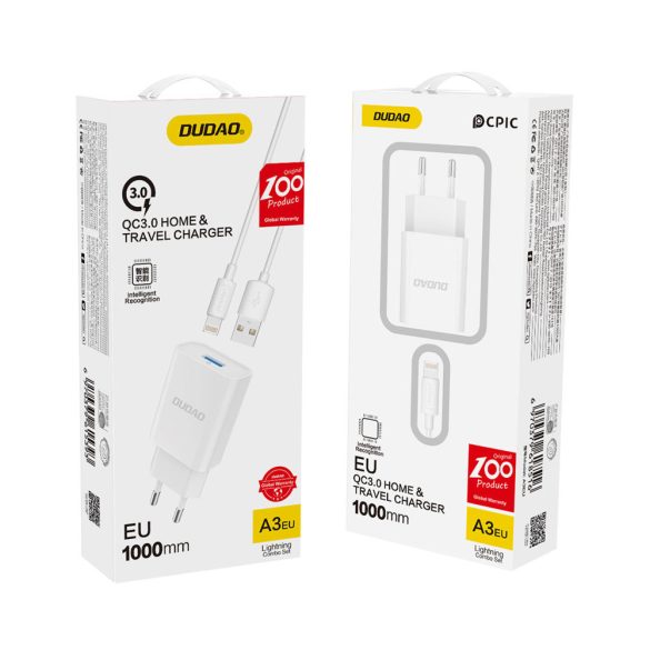 Dudao USB Wall Charger USB-A hálózati töltő adapter, QC3.0 5V/2.4A, gyorstöltő, USB-A/Lightning kábellel, 12W, fehér