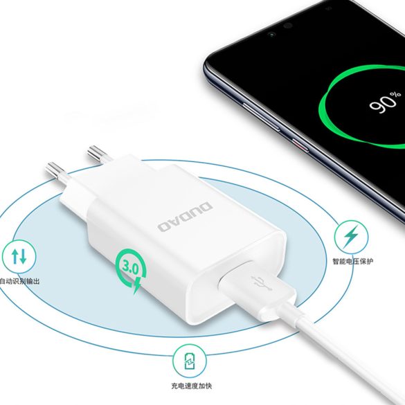 Dudao USB Wall Charger USB-A hálózati töltő adapter, QC3.0 5V/2.4A, gyorstöltő, USB-A/Lightning kábellel, 12W, fehér