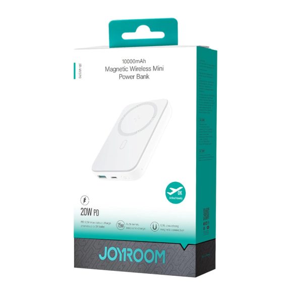Joyroom JR-W020 Mini Magsafe Wireless Powerbank, Magsafe kompatibilis  hordozható külső akkumulátor és vezeték nélküli töltő, PD, QC, 10000 mAh, 20W, fehér