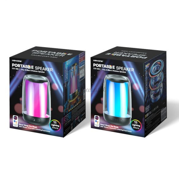 WK Design D31 RGB Bluetooth 5.0, Speaker, LED világítás, hordozható hangszóró, 8W, 1200mAh fekete