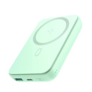 Joyroom JR-W020 Power Bank and Qi Wireless Charger, MagSafe kompatibilis, 10000 mAh, 20W hordozható külső akkumulátor és vezeték nélküli Qi töltő, USB-A/USB-C 0,25m kábel, világoszöld