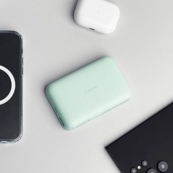 Joyroom JR-W020 Power Bank and Qi Wireless Charger, MagSafe kompatibilis, 10000 mAh, 20W hordozható külső akkumulátor és vezeték nélküli Qi töltő, USB-A/USB-C 0,25m kábel, világoszöld