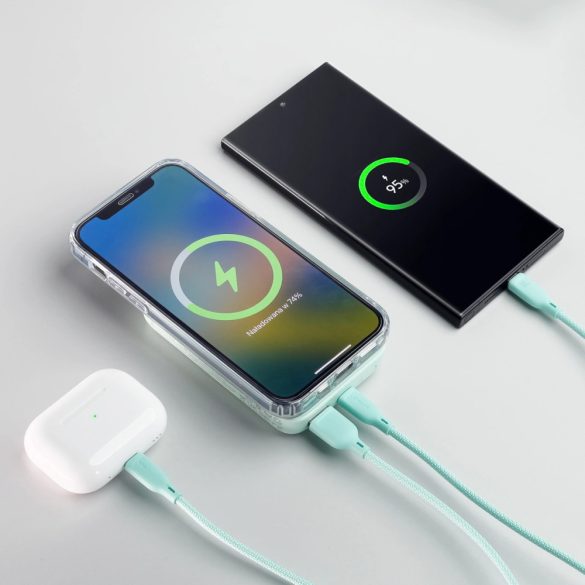 Joyroom JR-W020 Power Bank and Qi Wireless Charger, MagSafe kompatibilis, 10000 mAh, 20W hordozható külső akkumulátor és vezeték nélküli Qi töltő, USB-A/USB-C 0,25m kábel, világoszöld