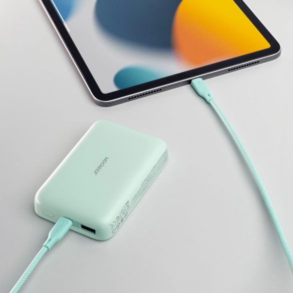 Joyroom JR-W020 Power Bank and Qi Wireless Charger, MagSafe kompatibilis, 10000 mAh, 20W hordozható külső akkumulátor és vezeték nélküli Qi töltő, USB-A/USB-C 0,25m kábel, világoszöld