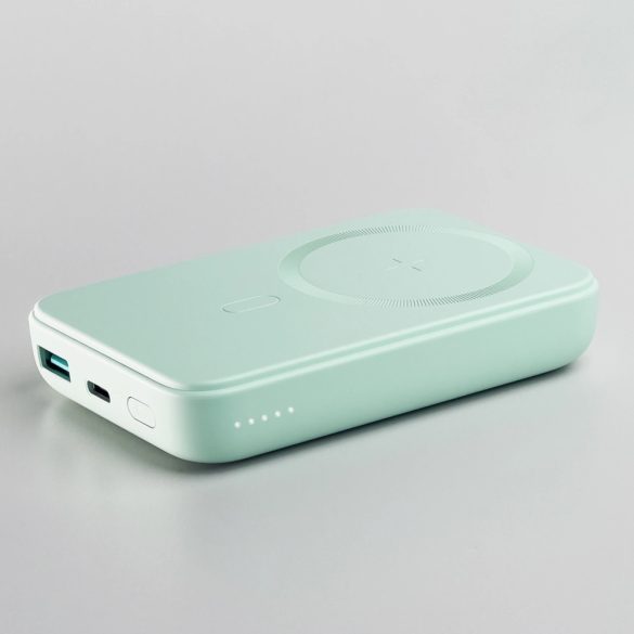 Joyroom JR-W020 Power Bank and Qi Wireless Charger, MagSafe kompatibilis, 10000 mAh, 20W hordozható külső akkumulátor és vezeték nélküli Qi töltő, USB-A/USB-C 0,25m kábel, világoszöld