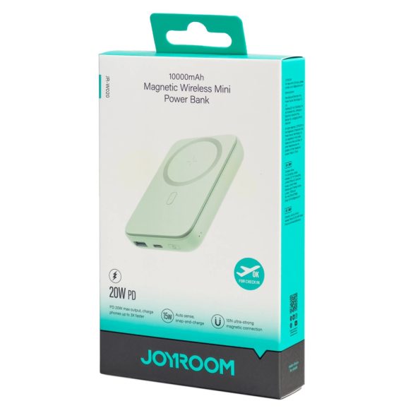 Joyroom JR-W020 Power Bank and Qi Wireless Charger, MagSafe kompatibilis, 10000 mAh, 20W hordozható külső akkumulátor és vezeték nélküli Qi töltő, USB-A/USB-C 0,25m kábel, világoszöld