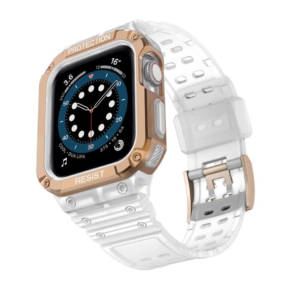 Protect Strap Band Apple Watch 7/SE, 38/40/41mm ütésálló tok és óraszíj, fehér-rozéarany