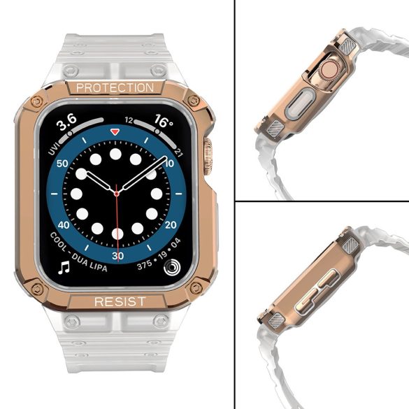 Protect Strap Band Apple Watch 7/SE, 38/40/41mm ütésálló tok és óraszíj, fehér-rozéarany