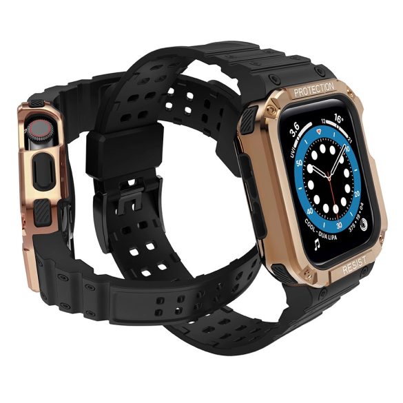 Protect Strap Band Apple Watch 2/3/4/5/6/7/SE, 42/44/45mm ütésálló tok és óraszíj, fekete-rozéarany