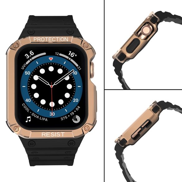 Protect Strap Band Apple Watch 2/3/4/5/6/7/SE, 42/44/45mm ütésálló tok és óraszíj, fekete-rozéarany