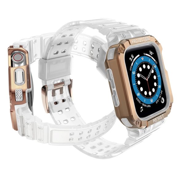 Protect Strap Band Apple Watch 2/3/4/5/6/7/SE, 42/44/45mm ütésálló tok és óraszíj, fehér-rozéarany