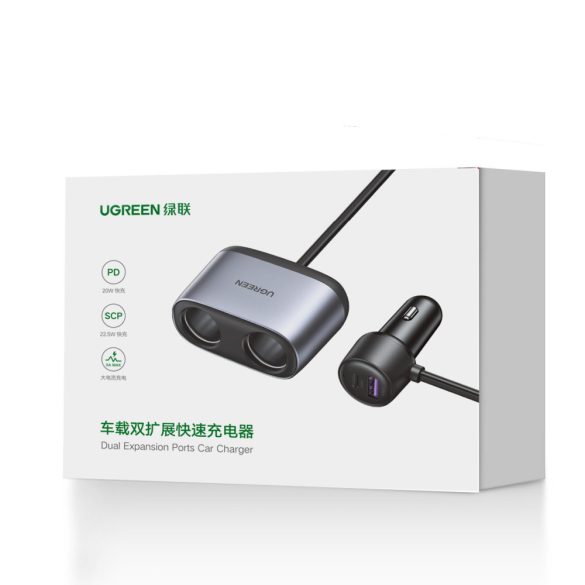 Ugreen CD252 Car Charger Splitter USB-A/USB-C PD/QC univerzális autós szivargyújtó töltő és elosztó, 216W, fekete