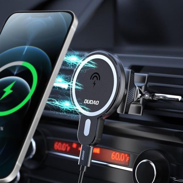 Dudao Magnetic Car Holder Qi, Magsafe kompatibilis autós telefon tartó és töltő 15W szellőzőrácsra, fekete