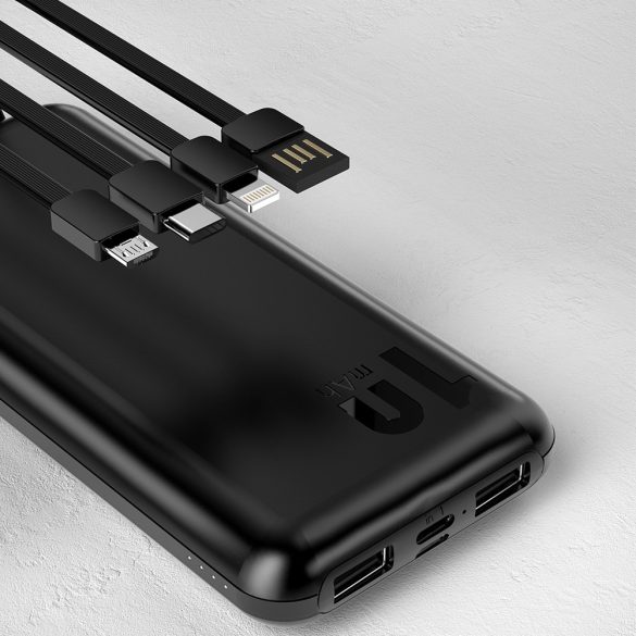Dudao K6Pro Universal Powerbank, hordozható külső akkumulátor USB-A/USB-C, USB-A/USB-C/Micro-USB/Apple lightning kábellel, 10000 mAh, fekete